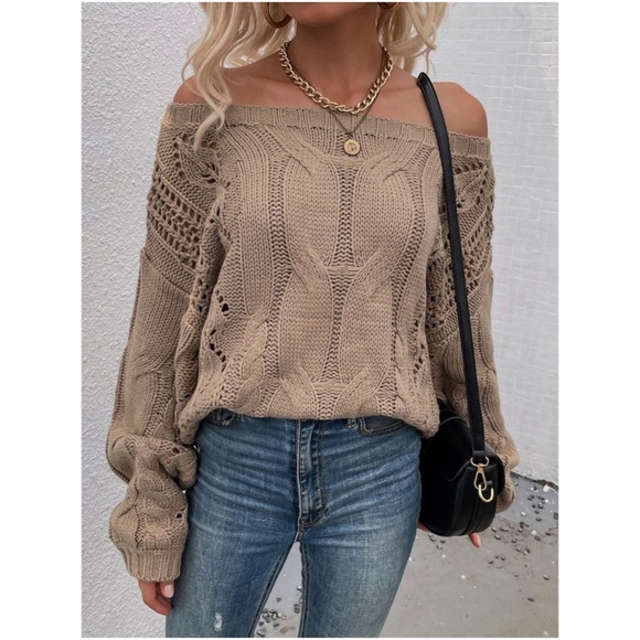 Bellanblue Sweaters - Boho Mocha Tan Off Shoulder Oversized Sweater
